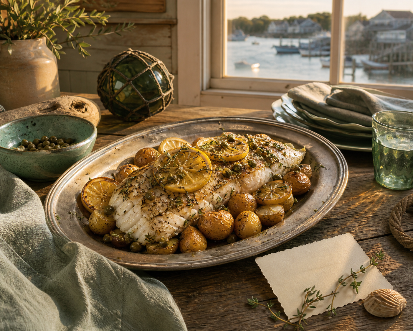 A coastal seafood dinner served at a warm kitchen table
